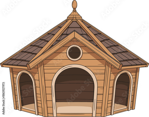 Wooden dog house illustration, spacious pet shelter with decorative roof and arched entrances, isolated brown kennel design, outdoor animal home