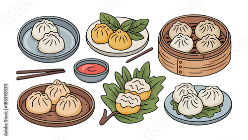 Exquisite Asian Cuisine Delights: A collection of meticulously arranged Asian dumplings, from delicate steamed buns to savory potstickers.