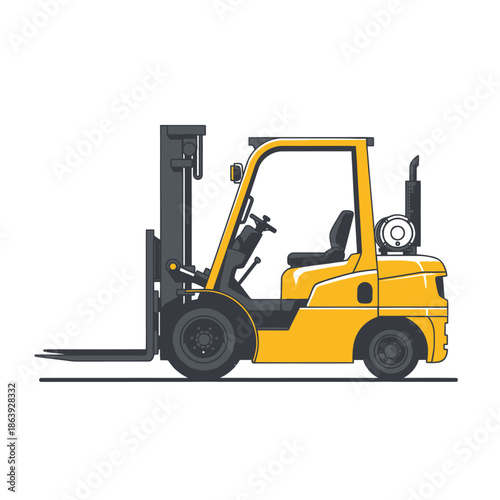 Yellow Forklift Truck Side View Isolated on White Background, Industrial Vehicle for Lifting and Moving Loads