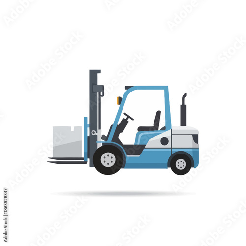 Modern blue forklift truck carrying a box, isolated on white background, logistic concept
