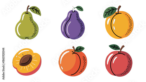 Fresh Fruits Selection: A collection of various fruits, a pear, plum, peach, and apple, each displayed with vivid colors. A tempting display of healthy, vibrant fruits.