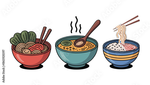 Culinary Triad: A trio of vibrant bowls, each brimming with delicious noodles and savory broth. A feast for the eyes and a promise of delightful flavors.