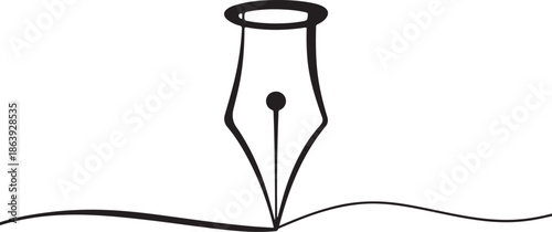 A black and white line art illustration of a fountain pen nib making a wavy stroke, symbolizing creative writing and elegant communication.