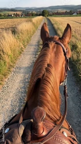 First Person Horseback Ride Through Golden Countryside Fields at Sunset