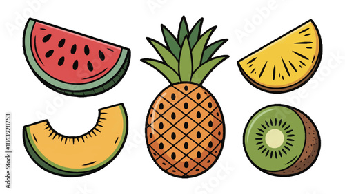 Tropical Fruits Fiesta: A colorful medley of fresh, hand-drawn tropical fruits, ripe and ready to be enjoyed, evokes a sense of freshness and natural sweetness.