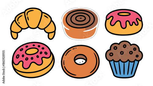 Sweet Temptations: A delicious assortment of baked goods, including croissants, cinnamon rolls, donuts, and a muffin, tantalizes the taste buds.