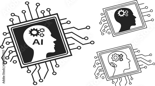 Artificial intelligence concept with human head silhouette, gears, and AI text on a microchip circuit board, illustrating machine learning and digital brain technology.