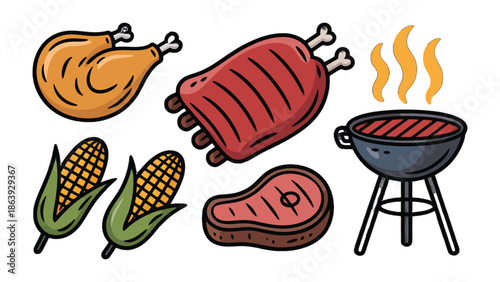 BBQ Feast Illustration: A vibrant illustration showcasing the essentials of a BBQ, capturing the sizzle, the smoke, and the joy of a backyard gathering with grilled delicacies.