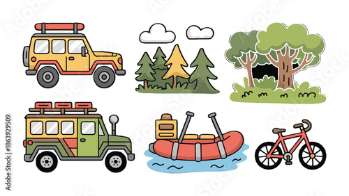 Adventure and Nature Icon Set: A vibrant collection of hand-drawn icons representing various outdoor adventure elements, designed to inspire exploration and celebrate the beauty of nature. 