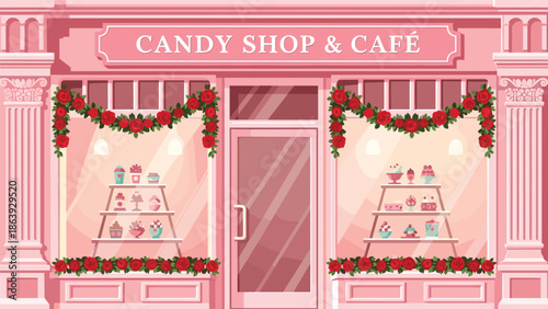 Cute pink candy shop and cafe storefront illustration, romantic bakery window display, sweets dessert cafe exterior design concept