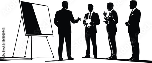 Business professionals discussion silhouette, corporate meeting presentation, teamwork communication, leadership strategy planning, office negotiation, black white vector illustration