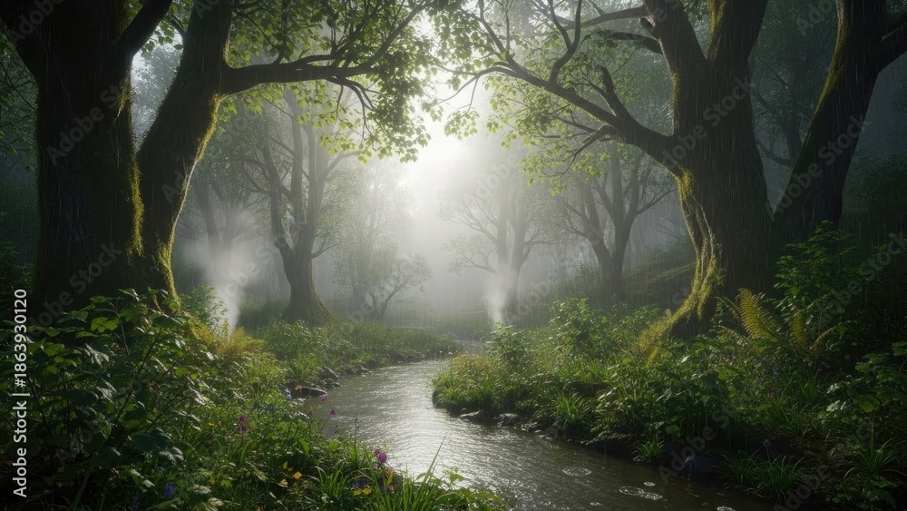 Fototapeta premium Enchanting Forest Stream in Misty Morning Light with Lush Greenery and Towering Trees, Serene Nature Landscape