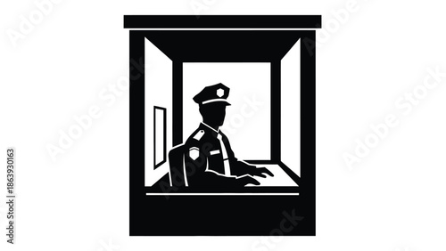 Silhouette of a uniformed security guard or police officer sitting inside a small booth or station