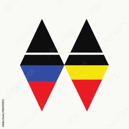 two stylized diamond shapes with horizontal color bands of blue black yellow and red are prominently displayed on a white