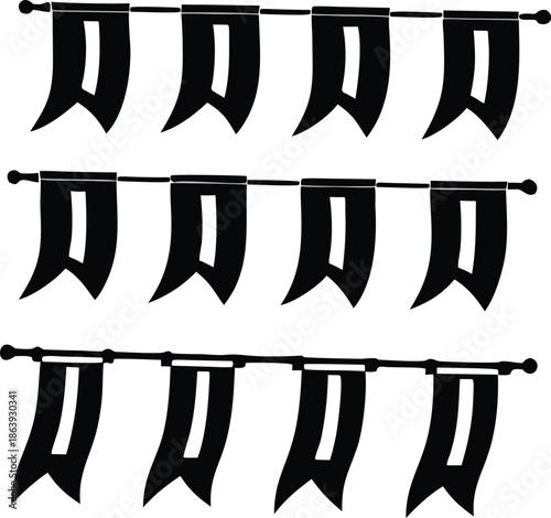 Three rows of black pennant banners with white rectangular cutouts strung on horizontal rods.