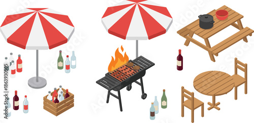 Isometric picnic barbecue set with grill, umbrellas, wooden tables and chairs, outdoor summer party illustration design lifestyle concept