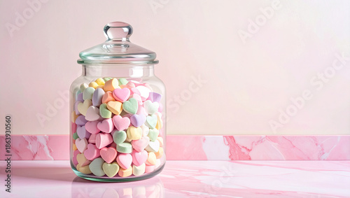 Pastel heart shaped sugar candies in jar over pink marble background