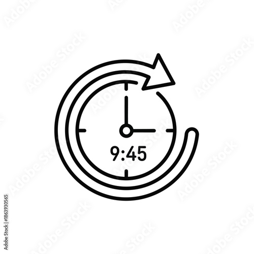 a simple black and white line drawing of a clock face displaying the time nine forty five is shown