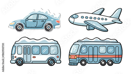 Transportation Array: A visual representation showcasing a car, plane, and two buses, each symbolizing varied modes of transportation. 