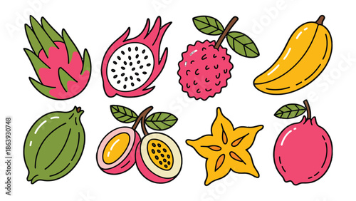 Exotic Fruits Illustration: A vibrant illustration showcasing a colorful array of exotic fruits, each radiating with natural beauty and flavor.
