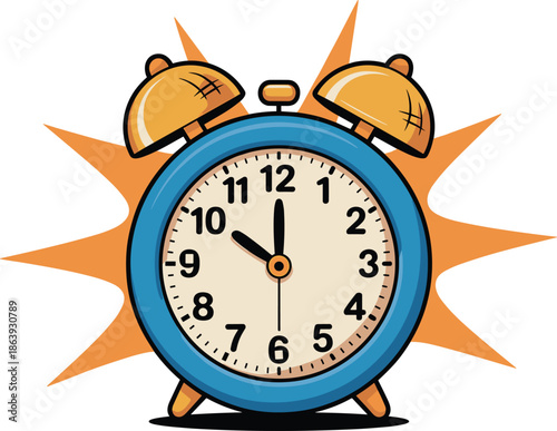 Colorful vintage alarm clock illustration, morning wake up time management concept, cartoon retro bell clock sleep schedule punctuality reminder productivity design isolated white background