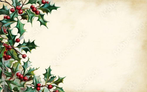Vintage watercolor holly corner cluster on aged paper. Christmas background with copy space.