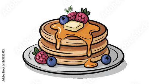 Pancakes Paradise: A delicious stack of fluffy pancakes, drizzled with sweet syrup and adorned with fresh berries and a pat of butter, creates a mouthwatering breakfast delight.