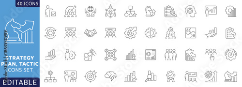Editable icon set representing strategy planning, business tactics, analytics, growth, management, and More. Fully Editable . Vector illustration.