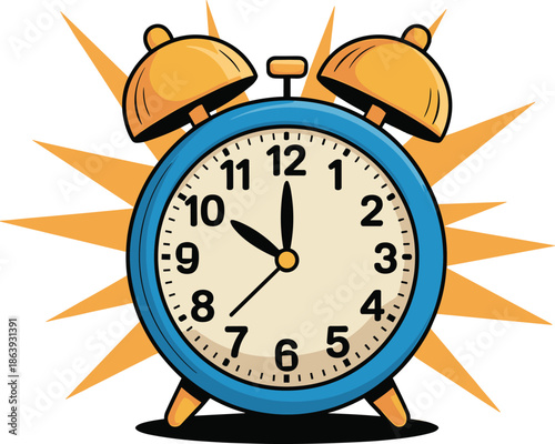 Vintage alarm clock illustration, ringing morning clock icon, wake up concept, time management symbol, retro design, punctual schedule reminder, flat vector style