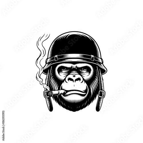 Aggressive black and white gorilla soldier mascot illustration with a helmet and cigar. Perfect for gaming, team logos, and military themes.