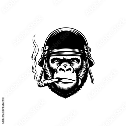 Aggressive black and white gorilla soldier mascot illustration with a helmet and cigar. Perfect for gaming, team logos, and military themes.