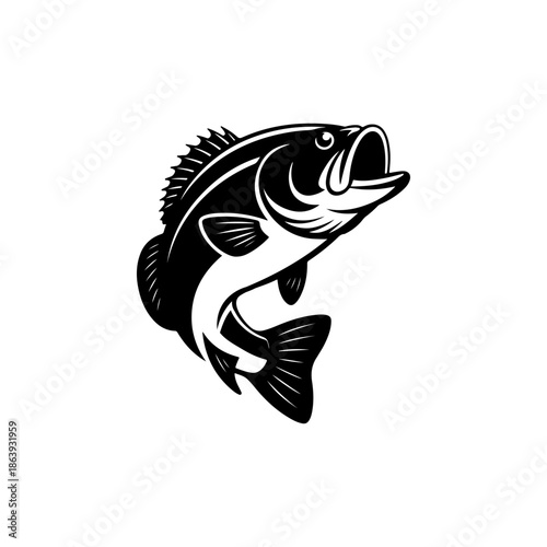 Dynamic black and white vector illustration of a largemouth bass fish leaping with its mouth open. Perfect for fishing logos, emblems, apparel, or team mascot design.