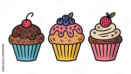 Sweet Delights: Three vibrantly decorated cupcakes, each topped with a different, luscious fruit, showcase the art of confectionery in all its glory.