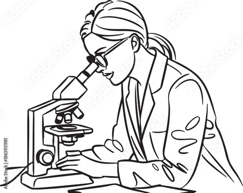 A line art illustration of a female scientist in a lab coat and safety glasses intently working with a microscope and taking notes.