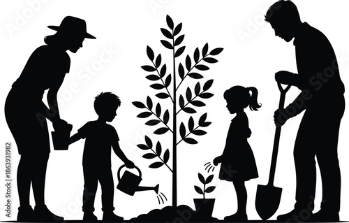 Family silhouettes planting tree together teaching children gardening environmental care sustainability isolated black vector illustration concept scene design nature education