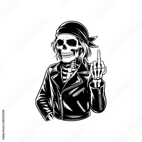 Cool skeleton biker wearing a leather jacket and bandana, making a middle finger gesture. Vector art for rock, motorcycle clubs, and rebellious themes.