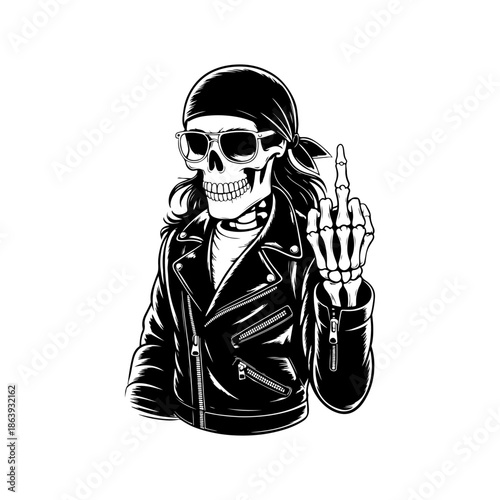 Cool skeleton biker wearing a leather jacket and bandana, making a middle finger gesture. Vector art for rock, motorcycle clubs, and rebellious themes.