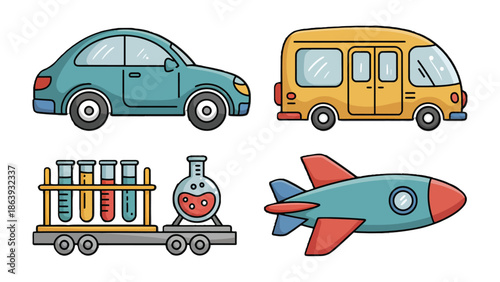 Vehicles Illustration Set: A vibrant illustration showcasing an array of vehicles, including a car, bus, train, and airplane, designed with a cartoonish style.