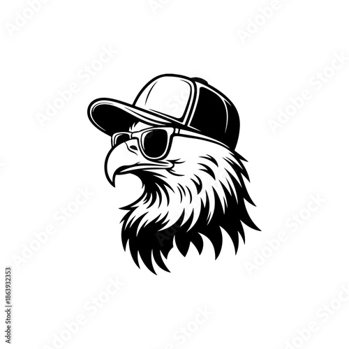 Cool bald eagle mascot head wearing sunglasses and a stylish cap. Perfect vector design for sports teams, military themes, patriotic apparel, or gaming logos.