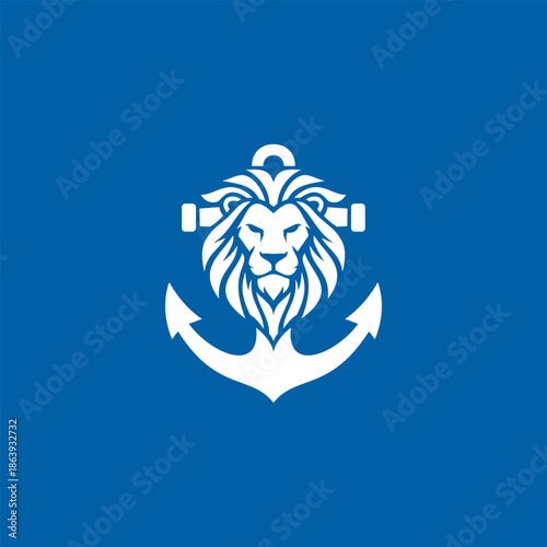 Powerful lion head combined with anchor symbol in white on blue background, bold vector logo 