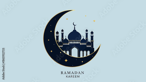 A beautiful illustration of a mosque silhouette inside a crescent moon with stars, featuring "Ramadan Kareem" text on a light blue background, symbolizing Islamic celebration.