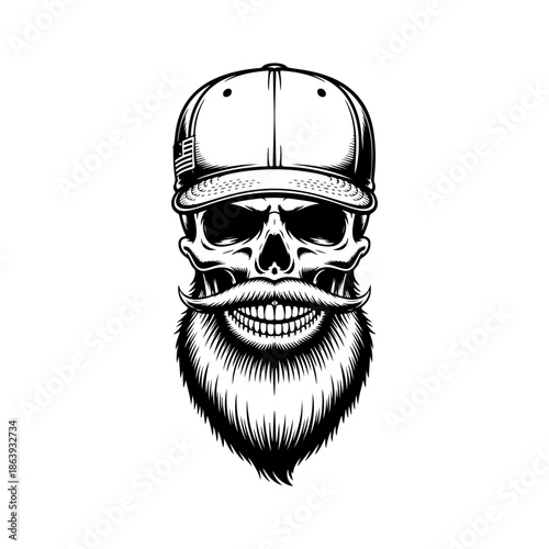 Hipster skull mascot with a detailed beard and mustache, wearing a backwards baseball cap. Cool vector for urban fashion and edgy street style.
