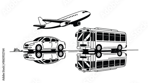 Transportation Mode Collection: A minimalist black-and-white illustration showcases a car, bus, and airplane in perfect unison, representing various modes of transportation.