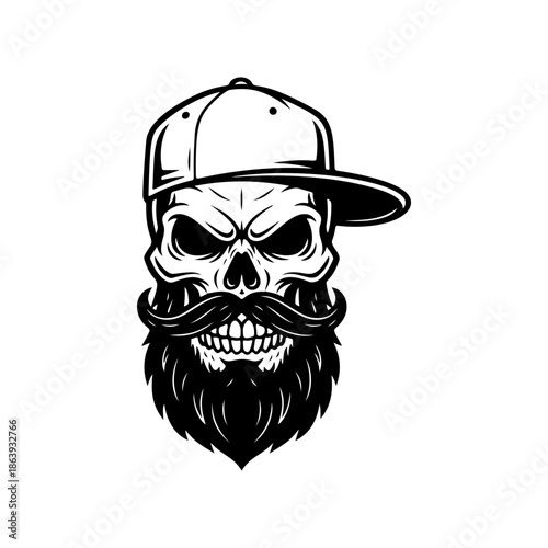 Hipster skull mascot with a detailed beard and mustache, wearing a backwards baseball cap. Cool vector for urban fashion and edgy street style.