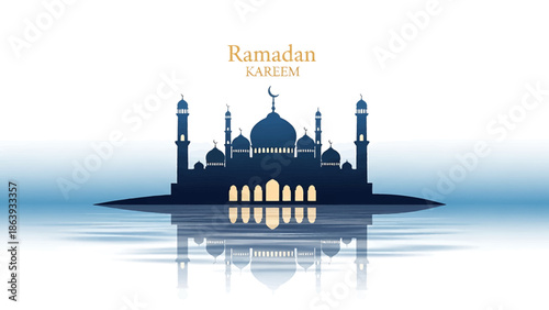 A silhouette of a mosque with minarets and domes reflected in water, with "Ramadan Kareem" text, symbolizing Islamic culture and celebration.