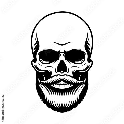 Black and white vector illustration of a human skull with a thick beard and handlebar mustache, perfect for barber shop logos, tattoos, or t-shirt designs.