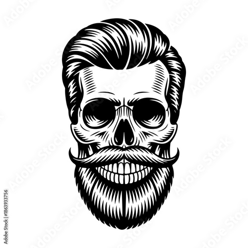 Black and white vector illustration of a human skull with a thick beard and handlebar mustache, perfect for barber shop logos, tattoos, or t-shirt designs.