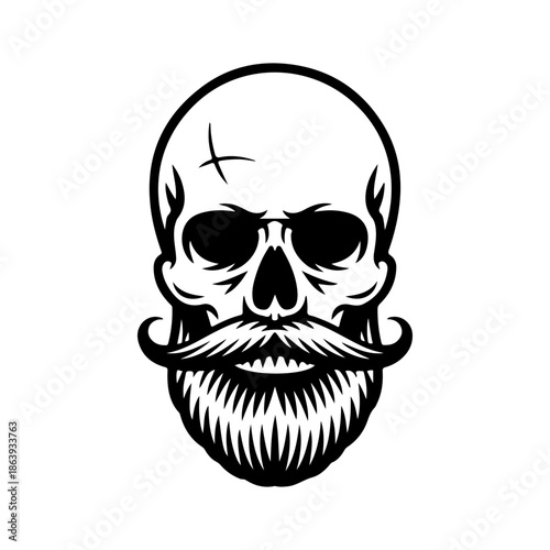 Black and white vector illustration of a human skull with a thick beard and handlebar mustache, perfect for barber shop logos, tattoos, or t-shirt designs.