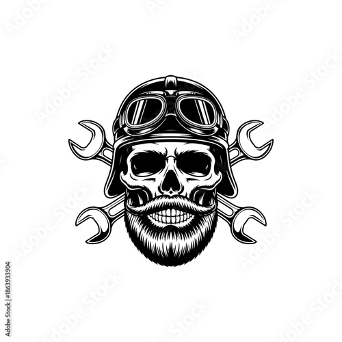 Black and white vector illustration of a bearded skull wearing a vintage motorcycle helmet and goggles with crossed wrenches behind it. Ideal for biker and garage logos.