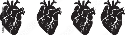Four detailed black silhouettes of the human heart, highlighting major blood vessels as internal white line work.